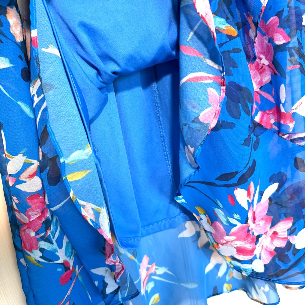 Adrianna Papell Blue Floral Faux Wrap Y2K 90s Fairy Flowy Ruffle Dress Size 4 - Picture 6 of 12